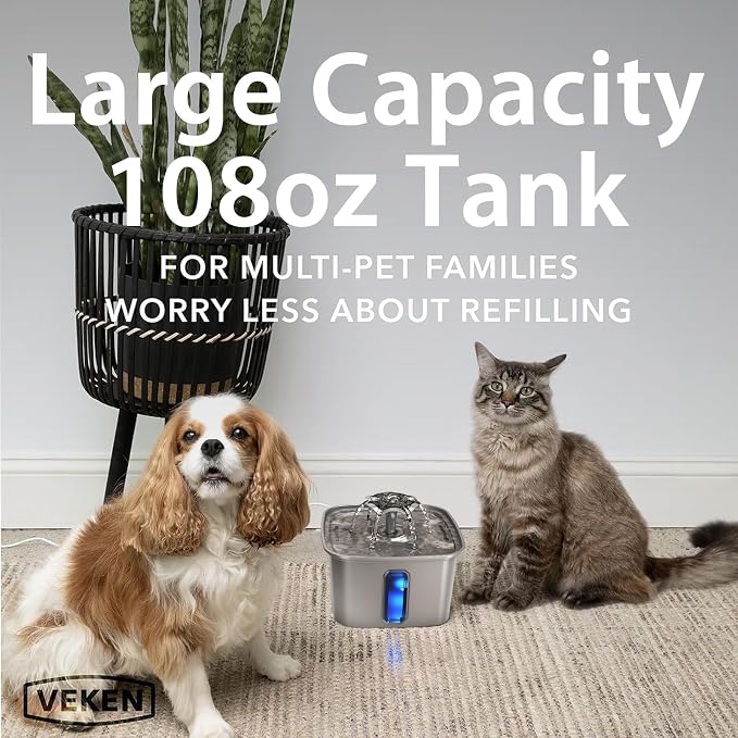 Veken Innovation Award Winner Stainless Steel Cat Water Fountain, 108oz/3.2L - Image 3