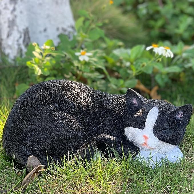 Cat Statue Outdoor Cat Figurines Garden Decor, Sleeping Tabby Statues by GardenWhisper