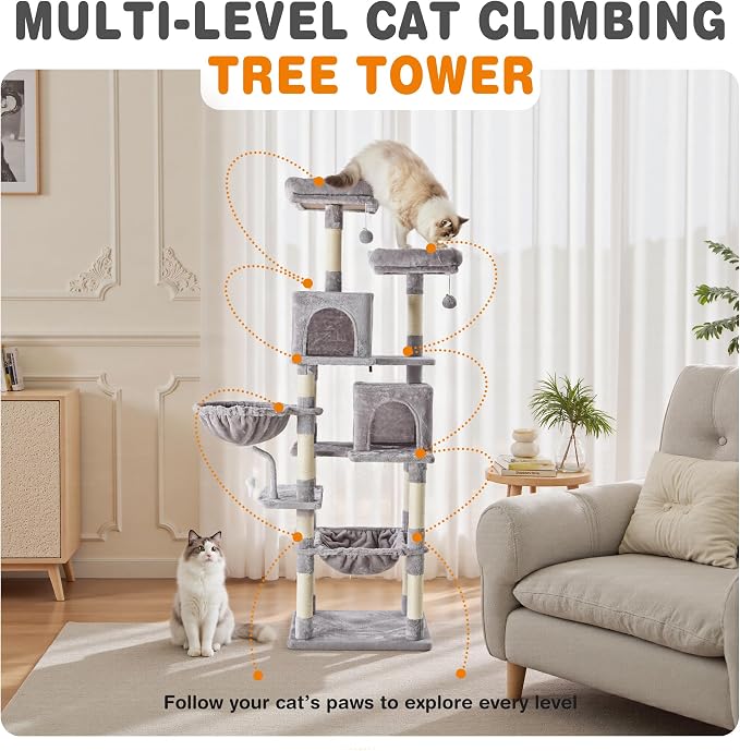 Large Cat Tree 71 Inch, Sisal Scratching Posts and Hammock, Pet Play House - Image 5