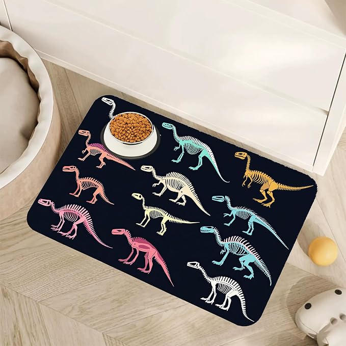 Dinosaur Skeleton Dog Cat Food Mat, Vintage Color Absorbent Pet Feeding Mat by Unknown