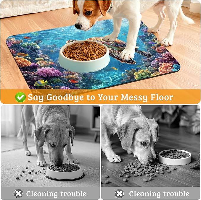 Sea Turtle Dog Cat Food Mat, Colorful Coral Absorbent Waterproof Placemat - Image 4