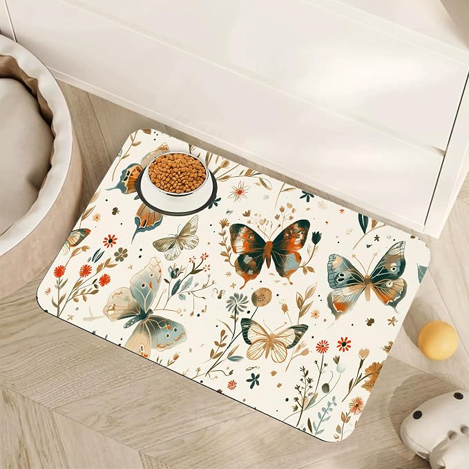 Butterfly Dog Food Mat for Floors, Boho Garden Vintage Absorbent Pet Food and by Unknown