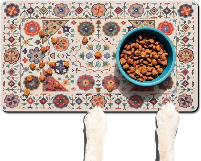 Moroccan Trellis Dog Food & Water Mat, Boho Colorful Vintage Pet Feeding Mat - Image 2