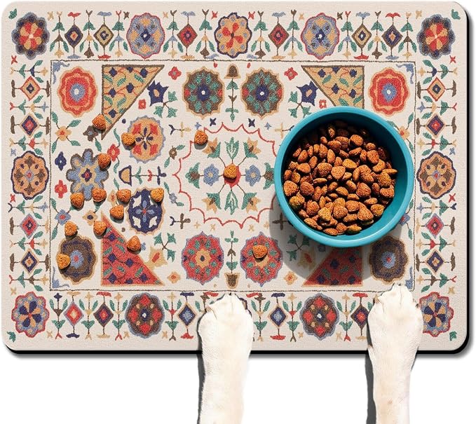 Moroccan Trellis Dog Food & Water Mat, Boho Colorful Vintage Pet Feeding Mat - Image 2