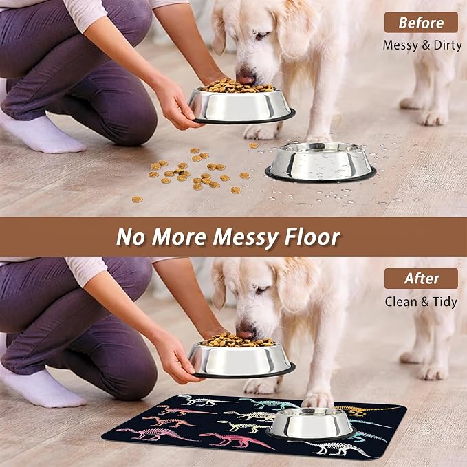 Dinosaur Skeleton Dog Cat Food Mat, Vintage Color Absorbent Pet Feeding Mat - Image 5