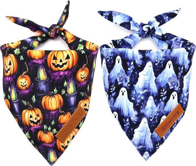 Realeaf Halloween Dog Bandanas 2 Pack, Pumpkins and Ghosts Pet Scarf by Realeaf