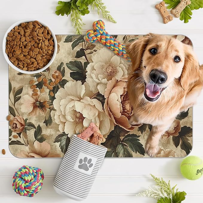 Roses Peonies Pet Feeding Mat, Vintage Luxury Shabby Chic Flower Absorbent - Image 7