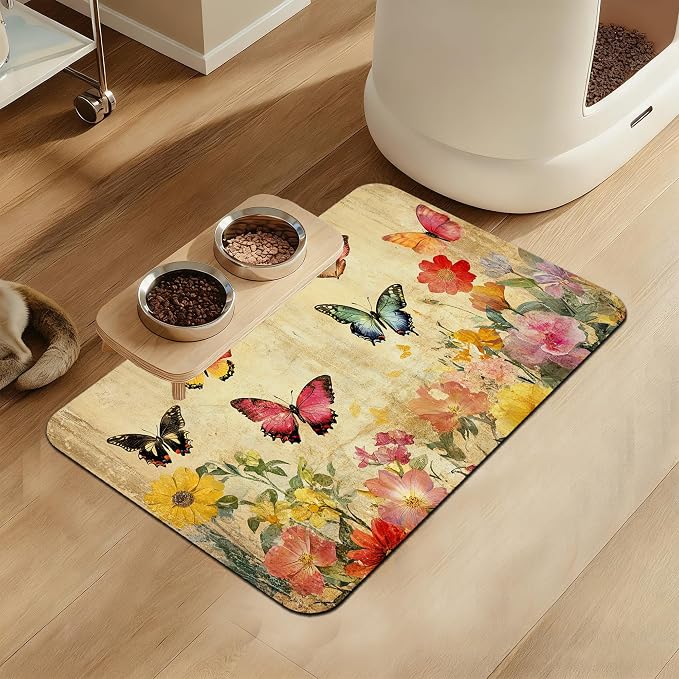 Vintage Butterfly Floral Pet Food Mat by LUTASER