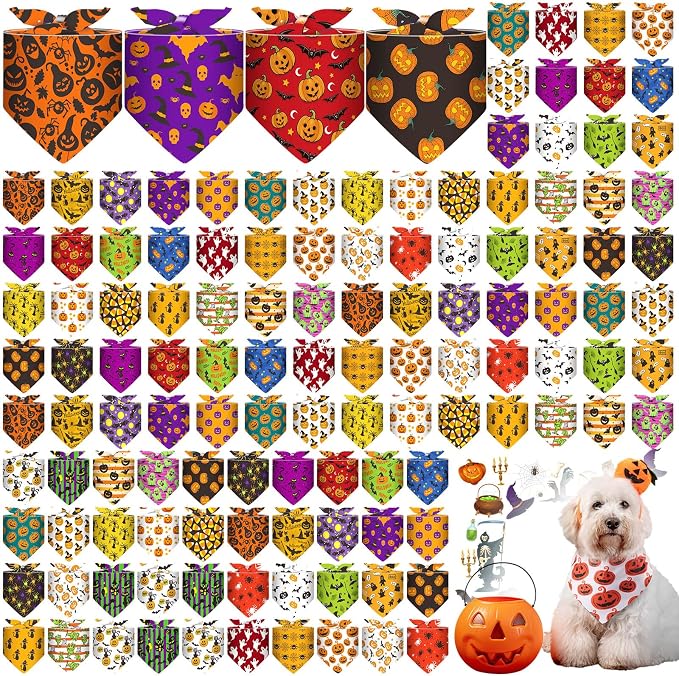 Sanwuta 120 Pcs Halloween Dog Bandanas Bulk Skeletons Pumpkin Bat Skull Ghost by Sanwuta