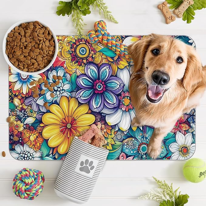 Floral Dog Food Mat for Floors, Cute Mandala Flower Absorbent Quick-Dry Pet - Image 7